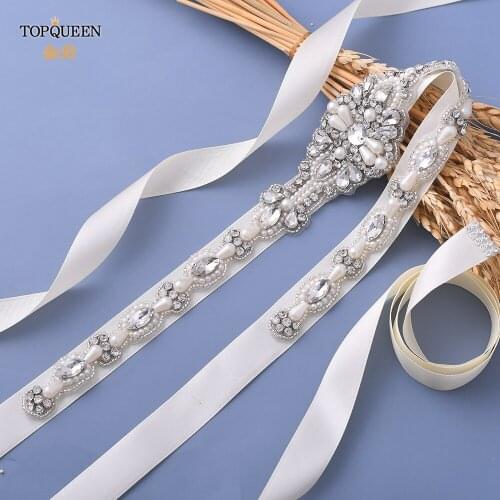 TOPQUEEN S388 Wedding Belts with Pearls Womens Belts with Rhinestones Beaded Belt Bridal Applique Bridesmaid Sash Cristal Belt