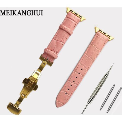 Genuine Leather Watchband for iWatch Apple Watch 38mm Women bandje Stainless Steel Butterfly Clasp Pink Strap Wrist Bracelet