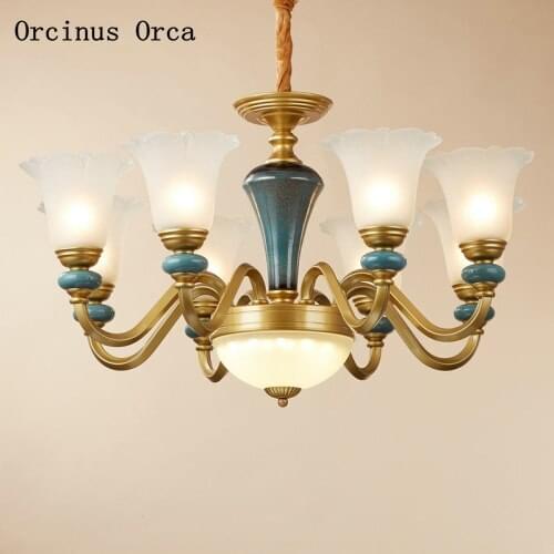 European-style luxury blue ceramic chandelier living room dining room bedroom American retro LED glass chandelier