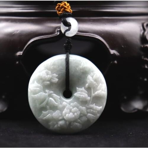Certified Green Natural A Jade Jadeite Emerald Pendant Peony Peace Buckle Carved Flower Necklace Pendants For Men Women