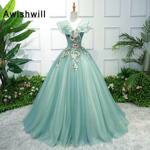 Chic V-neck 3D Flowers Tulle Prom Dresses Ball Gown Ruffles Sleeves Lace-up Back Long Party Evening Dress Robe de Soiree