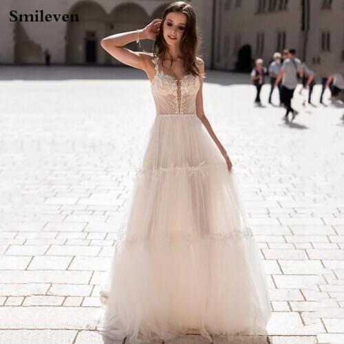 Smileven A Line Wedding Dress Puffy Tulle Boho Bridal Dresses V Neck arabic Vestido De Noiva Wedding Gowns For Girl Custom Made