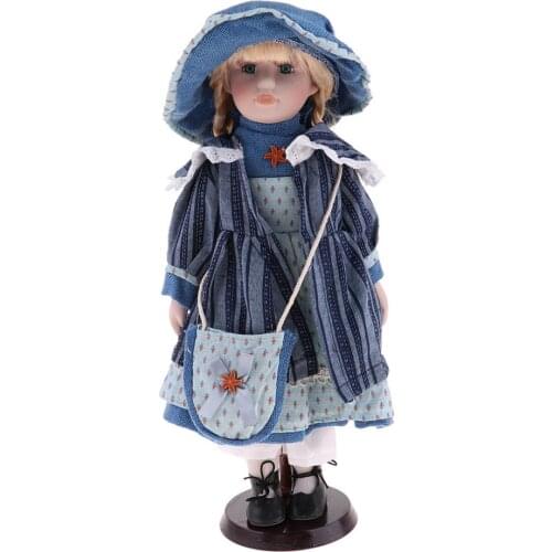 40cm Vintage Porcelain Dolls Fully Dressed With Display Stand Exquisite Workmanship For House Collection