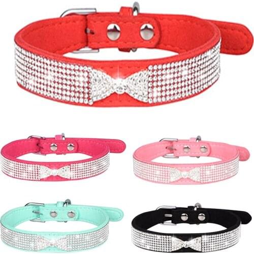 Xx-small Dog collar Pet Collar Shiny Rhinestone Bling Cat Collars Bowknot Soft Microfiber Leather Dog Collars For Large Dogs