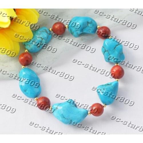 Z11228 Elastic 8" 20mm Blue Baroque Turquoise Red Coral Bead Bracelet