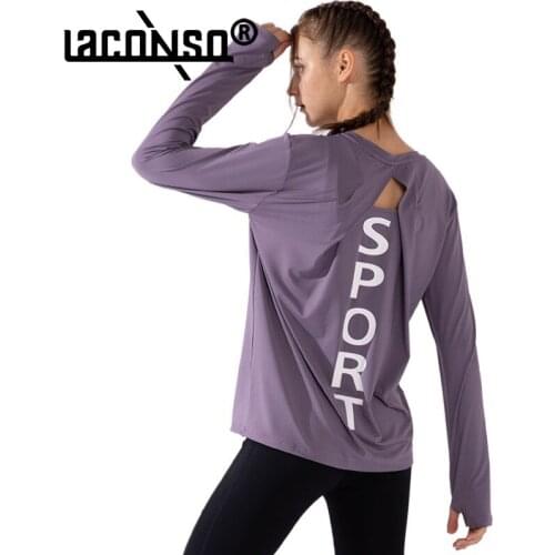 LACONSO Quick-Drying Sports Top Running Letters Loose Elastic Hollow Long-Sleeved Womens Yoga Fitness T-Shirt