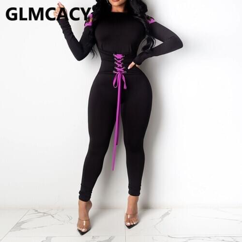 Women Long Sleeve Lace Up Design Corset Jumpsuit Chic Skinny Sexy Jumpsuits
