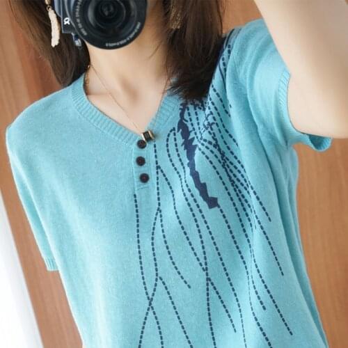 Casual V-NECK oversize Summer thin print button Sweater Women soft loose chic sweater Pullovers girl knit Jumper top 2021