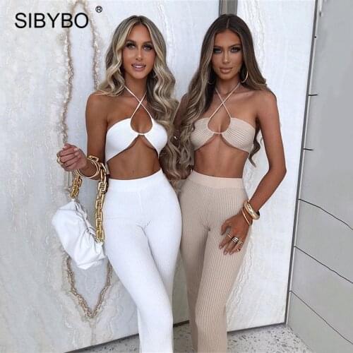 Sibybo Knitted Two Piece Set Women Summer Outfits Halter Crop Top+ Straight Pant Matching Sets Femme Sexy Streetwear Clothing