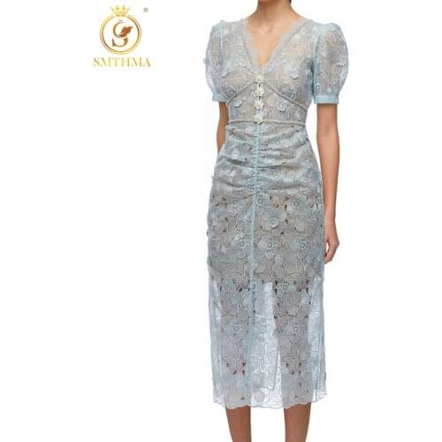 SMTHMA Runway New Fashion Luxury Diamond Summer Dress Women Puff Short Sleeve Embroidery Flowers Blue Vestido Robe