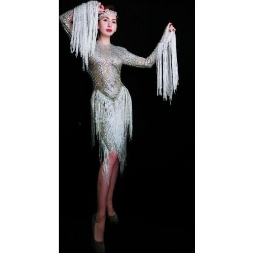 Women Dancer evening DressSEXY Sparkly Stones White Tassel Strech Dress Womens Birthday Prom Celebrate Outfit Bar dresses