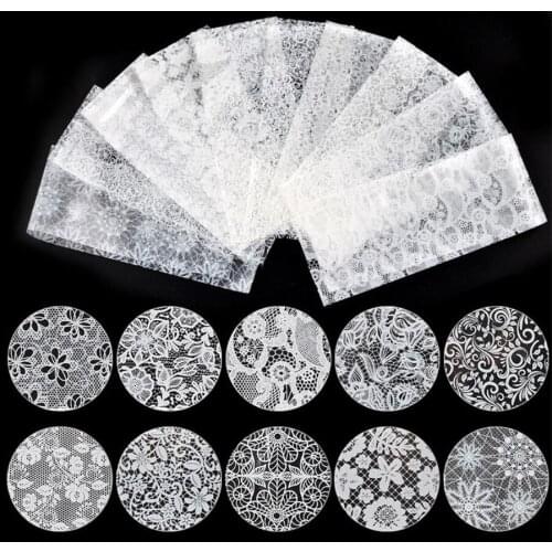 10Pcs White Lace Nail Art Foils Set Top Floral CharmNail Transfer Sticker Paper DIY Manicure Nail Decoration Accessories