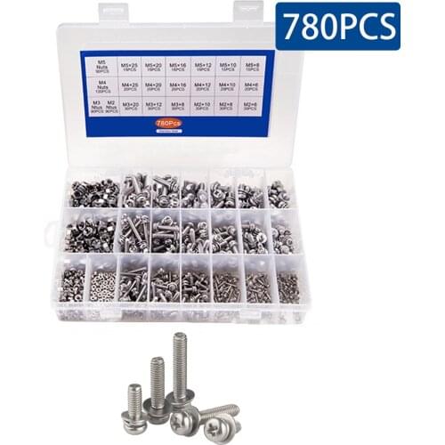 780PCS/Box M2 M3 M4 M5 Cross Recessed Pan Head Screws Set Phillips Screws With Nut Flat Lock Washers Assortment Kit M2x6 M3x8