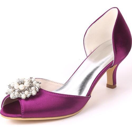Kitten Heels Satin Wedding Shoes Women Peep Toe Slip on Heeled Pearls Prom Evening Bridal Party Lady Dress Pumps