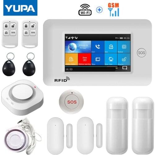 YAOSE 4.3inch Full Touch Screen Wireless WIFI GSM Home Security Alarm System With Smoke Detector SOS Button Kits