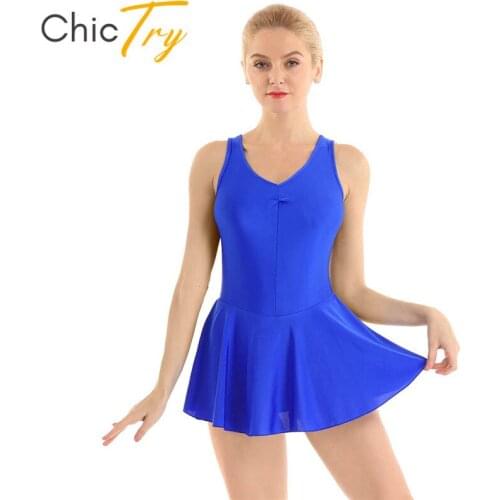 ChicTry Sleeveless V-neck Solid Color Women Ballet Tutu Gymnastics Leotard Mini Dress Adult Figure Skating Lyrical Dance Costume