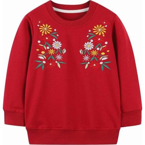 27Kids Girls Long Sleeves Red Solid Color Embroidery Flowers Pattern Round Neck Sweatshirts Clothes Autumn Childrens 2-7Years