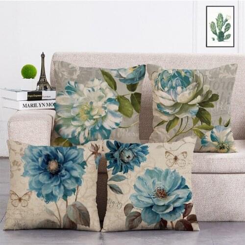 Oil painting BLUE PEONY Printed Cushion Cover Linen Throw Pillow Car Home Decoration Decorative Pillowcase T354