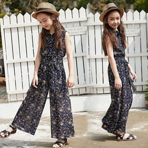 Girls Clothing Suit Summer 2020 New Childrens Floral Chiffon Tops Wide Leg Pants Sets 2PCS Kids Outfits Girls Age 3-14Year