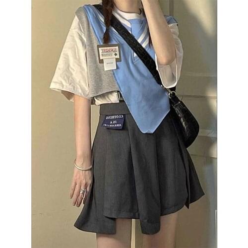 2021 summer preppy style skirt suit cool cute girls wear hip-hop streetwear fashion T-shirt + vest + pleated skirt punk sets