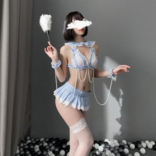 Cute Sexy Lingerie Set Kawaii Woman Ruffle Plaid Bikini Blue White Sailor School Girl Servant Dress Anime Maid Cosplay Costume
