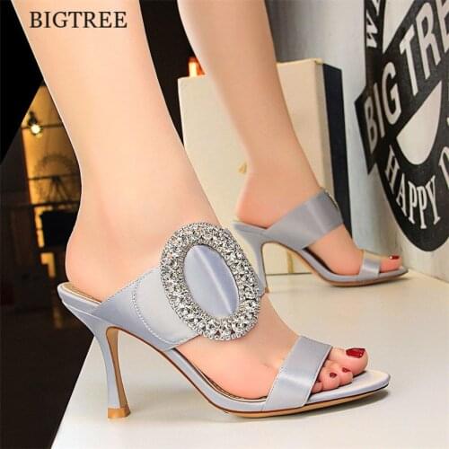 Big Crystal Buckle Fashion Womens Slippers Open Toe Silk Platform High Heel Summer Slip On Slides Ladies Mules Sexy Party Shoes
