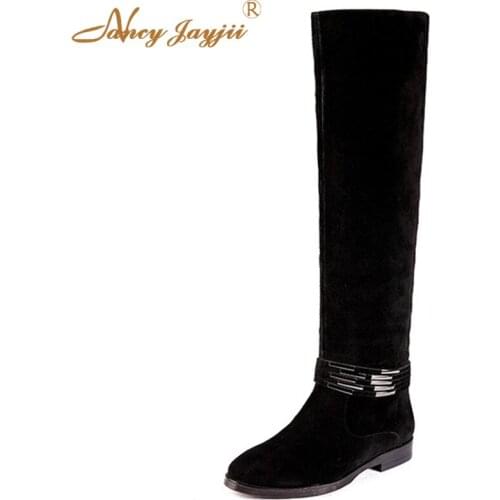 Motorcycle Boots Womens Warm Comfortable Sheepskin Low Heels Genuine Leather Famous Brand Winter Knee-High Boots Dress Office