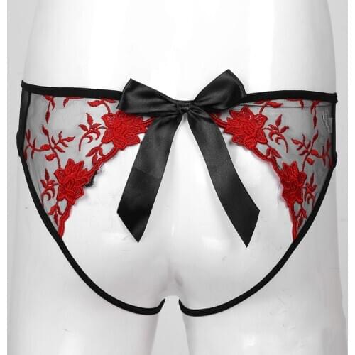 Mens Sissy Crotch Hole Panties Embroidered Crotchless Briefs See-Through Mesh T-back Low Waist Bowknot Underwear Underpants