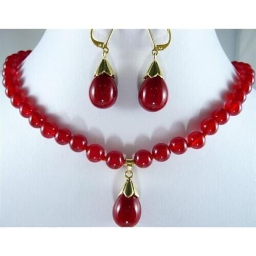 Charrming 8mm Red Ruby Gemstones Necklace Earring set 18"AAA