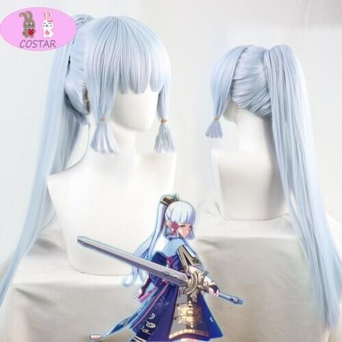 Genshin Impact Cosplay Shenli Linghua Wig Kamisato Ayaka Long Straight Ponytail Bangs Temples Heat Resistant Hair Role Play