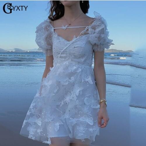 GBYXTY Ladies Elegant White Sheer Mesh Butterfly Embroidery Dress Puff Sleeve Sequins Patchwork Lace Up Party Dress Women ZA2040