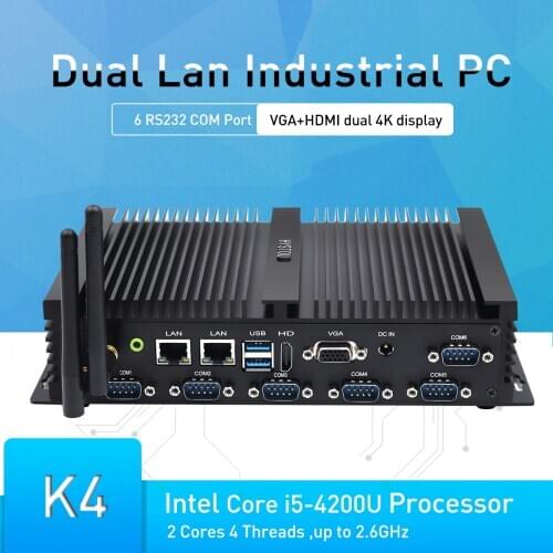 X86 Industrial Fanless PC HDMI 1.4 VGA Core i5 4200U 2.6GHz Fanless Computer 5 RS232 1 RS485/RS422 COM 2 LAN Mini computer 8USB