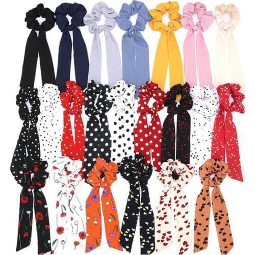 2020 New Polka Dot Floral Printed Ribbon Bow Scrunchies Hair Scarf Women Elastic Hair Band Hair Rope Ties Girls Hair Accessories