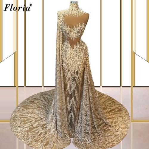 Muslim Luxury Evening Dresses With Pearls Lace Dubai One Shoulder Evening Gowns Special Celebrity Dresses Vestidos Formales