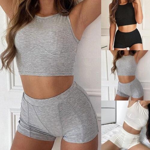 Sexy Rib Knit Two Piece Set Tracksuit Homewear Women Tank Top Vest High Waist Bodycon Shorts Yoga Fitness Outdoor Sport Outfit