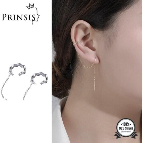 PrinSis Real 925 Sterling Silver Moon Dazzling CZ Ear Clip Chain Stick Earring Pretty Teen Girl Women Fine S925 Jewelry DD1075