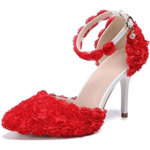 Women Pumps Stilettos Ladies Shoes Women Lace Buckle Strap Thin High Heels Pointed Toe Dress Office & Career Wedding Flower