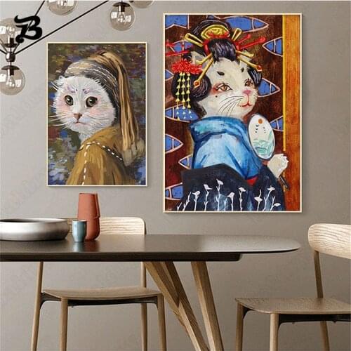 Japanese Funny Cat Posters and Prints Wall Art Canvas Painting Fashion Cats Wall Pictures Prints for Living Room Bedroom Decor