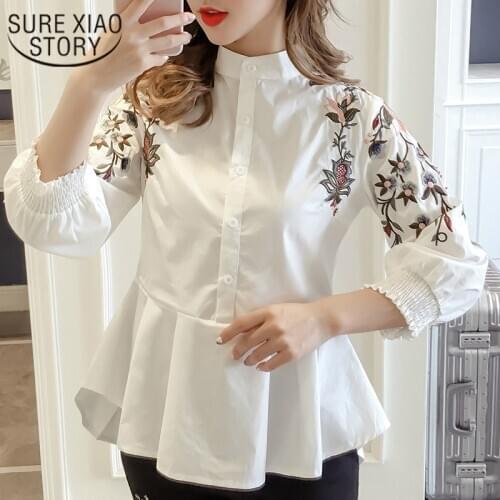2021 Spring Women Fashion Sweet Women Blouse Korean Clothes New Embroidery Floral Mandarin Collar Casual Preppy Style Shirts