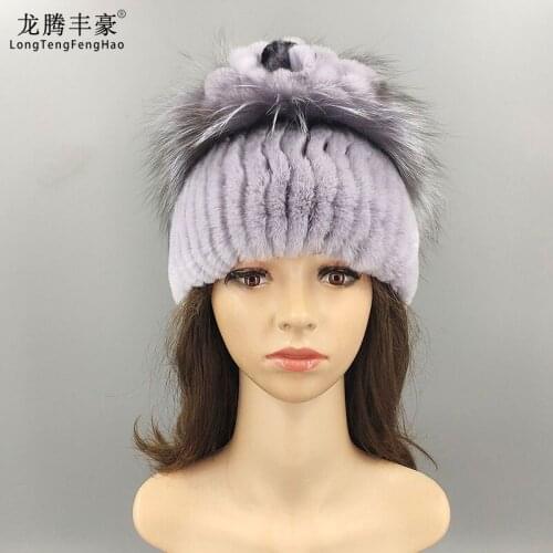 Female Knitted Cap Beanies For Women Rabbit Fur Hat 100% Genuine Fur Caps Natural Fur Knitting Beanies Russian Female Caps Lady