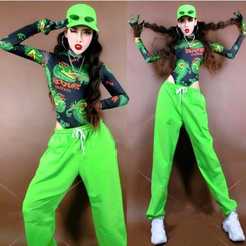 Women Gogo Clothing Green Dragon Gloves Suit Sexy Nightclub DS Costumes Women Jazz Hip-Hop Set Rave Outfit Woman Bodysuit XS1494