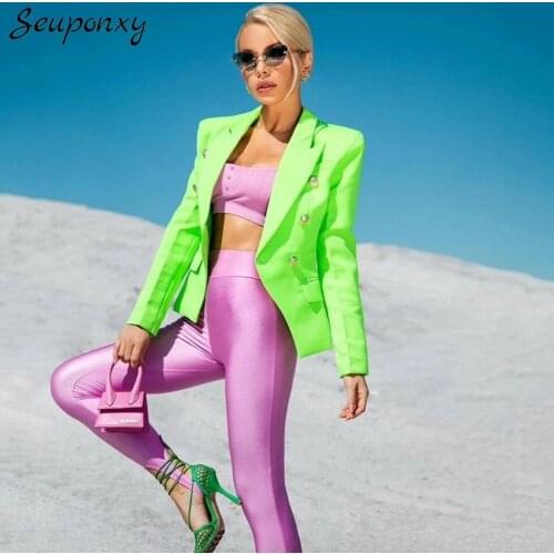 High Quality Autumn 2021 WomenS Green Slim Jacket Sexy V-Neck Long-Sleeved Double-Breasted High Street Elegant Short Coat