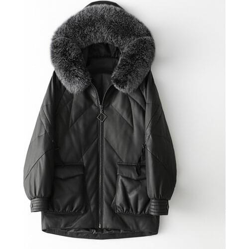 Winter Black Loose Fox Fur Hooded Zipper Woman Coat with Pockets Autumn Formal New Mid-Length SheepSkin Down Jacket