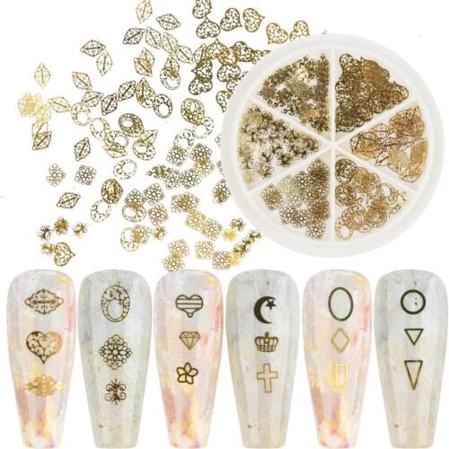 1 Wheel 3D Hollow Nail Sequins Diamond Heart Shape Metal Slices Nail Art Decorations Gold Metallic Flakes Decals Manicure