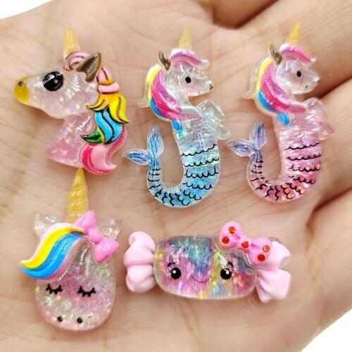 10pcs/lot colorful glitter unicorn candy flat back resin cabochons accessories for kids hair shoes decoration