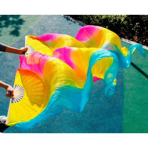 100% silk handmade wholesale Cross-dyeing high quality Chinese silk veils dance fans 1 Pair belly dancing Turquoise+yellow+Rose