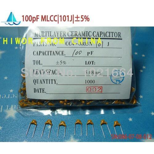 1000pcs/lot)(Capacitors|MLCC) 100pF 101J 50V Leaded Multilayer Monolithic Ceramic Capacitor, pitch:5.08MM, TOL:5