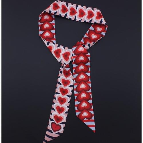2021 New Design 120cm Heart Print Scarf Small Women Silk Scarf Brand Bag Hair Ribbons Fashion Head Scarf Long Scarves cache cou