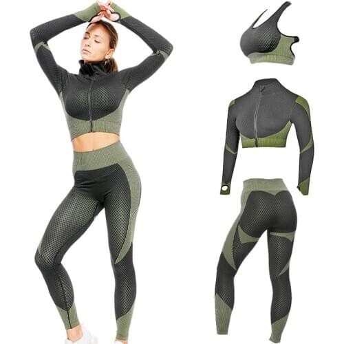 CXUEY Seamless Suit for Fitness Workout Clothes for Women Dry Fit Sportswear Woman Gym Yoga Sport Customs 3 Piece Set Green Pink