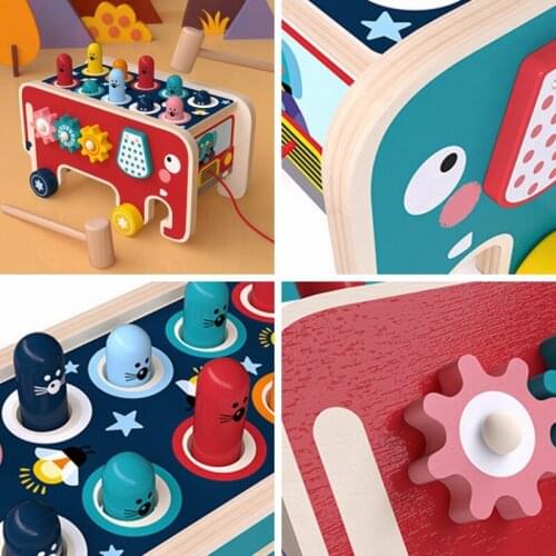 Wooden Hammer Toys with 2 Mallets, Peg Pounding Bench, Elephant Gopher Toy, Tap Bench Hit Mole Hamster Game, Educational111